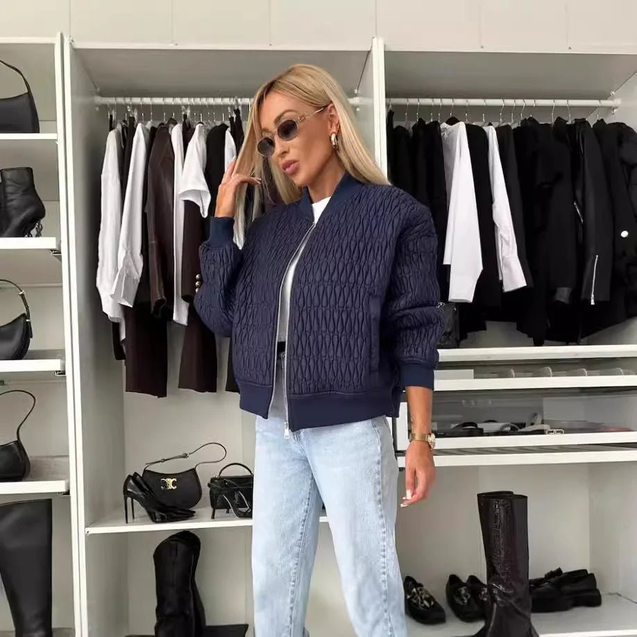 Women's Quilted Bomber Jacket Zip Front Diamond Pattern - Navy Blue