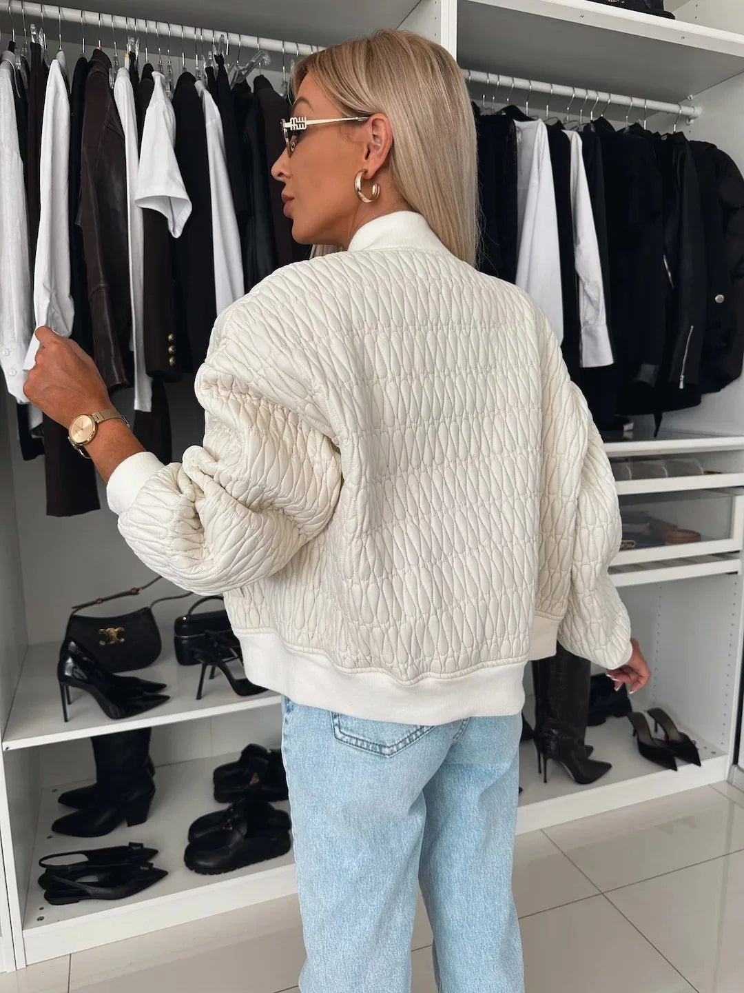 Women's Quilted Bomber Jacket Zip Front Diamond Pattern