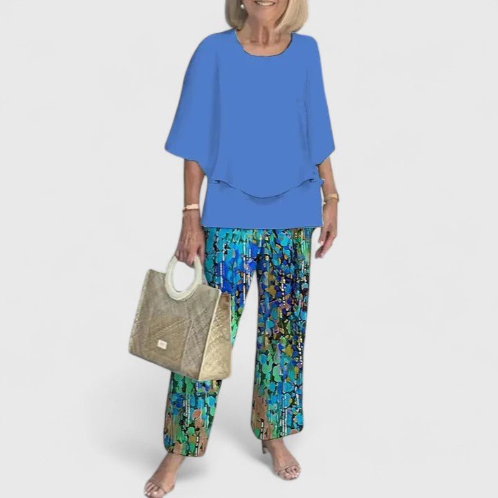 Women's Relaxed-Fit Batwing Top Wide-Leg Botanical Print Pants Set - Royal Blue