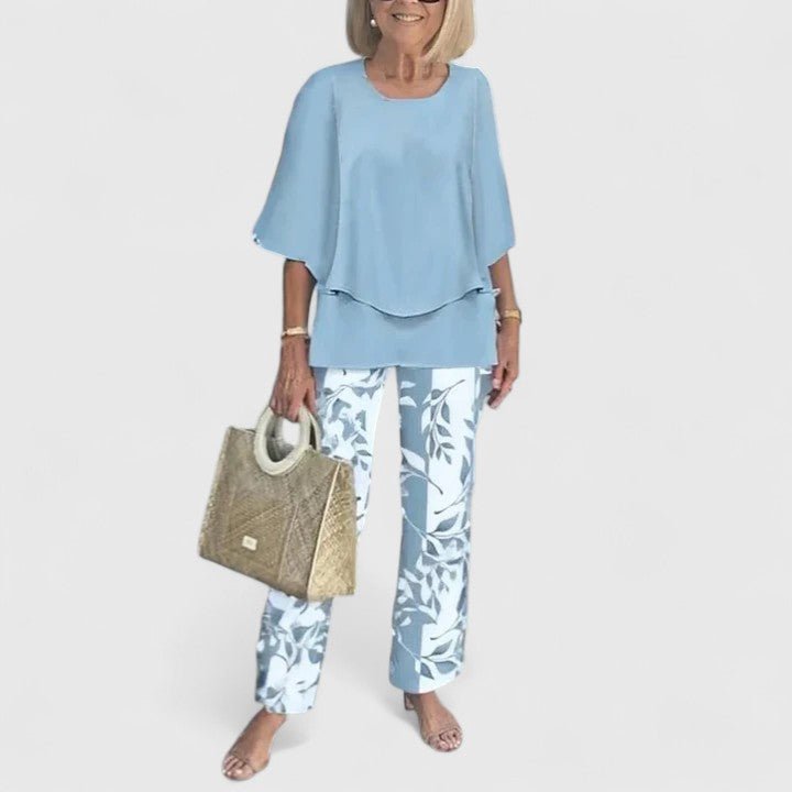 Women's Relaxed-Fit Batwing Top Wide-Leg Botanical Print Pants Set - Sky Blue
