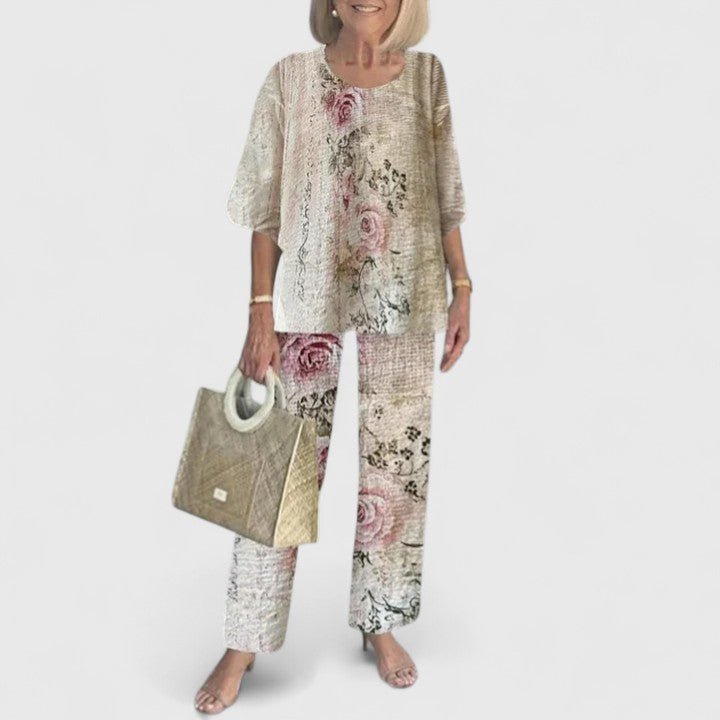 Women's Relaxed-Fit Batwing Top Wide-Leg Botanical Print Pants Set - Light Brown