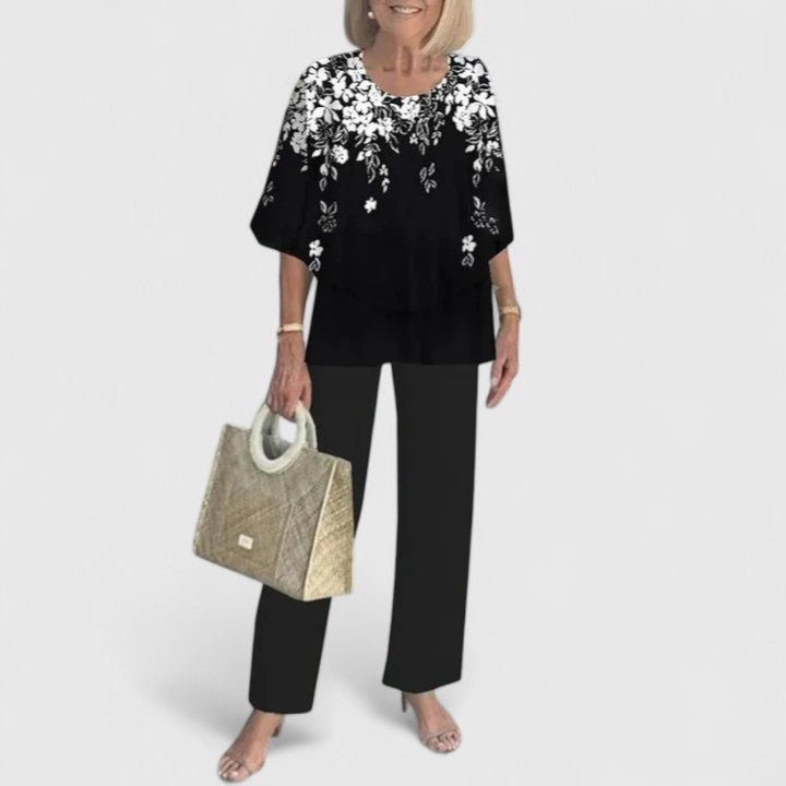 Women's Relaxed-Fit Batwing Top Wide-Leg Botanical Print Pants Set - Black