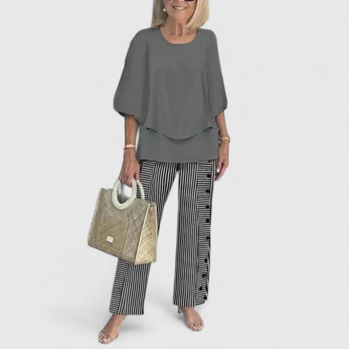 Women's Relaxed-Fit Batwing Top Wide-Leg Botanical Print Pants Set - Dark Gray