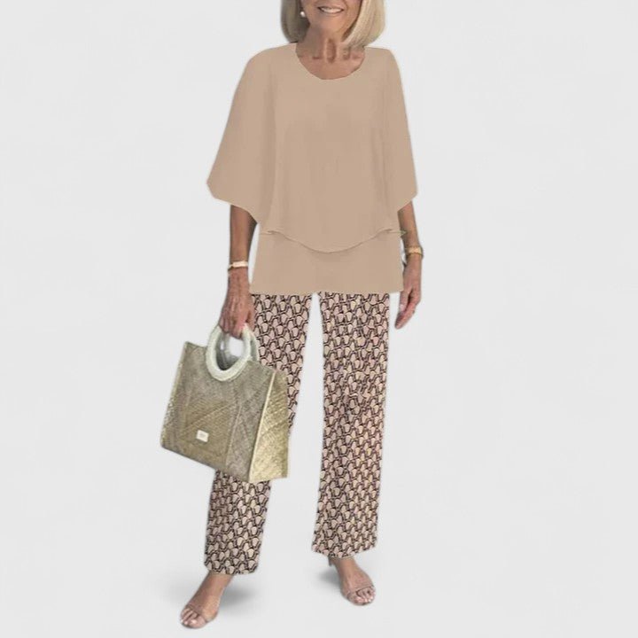 Women's Relaxed-Fit Batwing Top Wide-Leg Botanical Print Pants Set - Brown