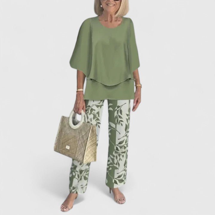 Women's Relaxed-Fit Batwing Top Wide-Leg Botanical Print Pants Set - Light Green