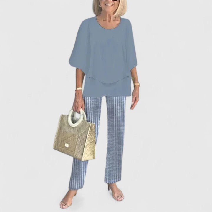 Women's Relaxed-Fit Batwing Top Wide-Leg Botanical Print Pants Set - Blue