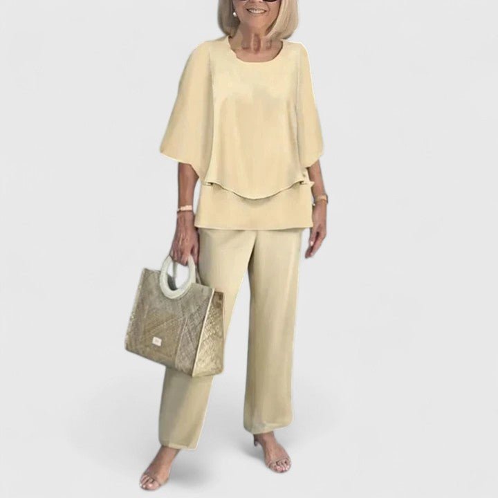 Women's Relaxed-Fit Batwing Top Wide-Leg Botanical Print Pants Set - Apricot
