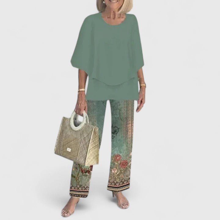 Women's Relaxed-Fit Batwing Top Wide-Leg Botanical Print Pants Set - Green