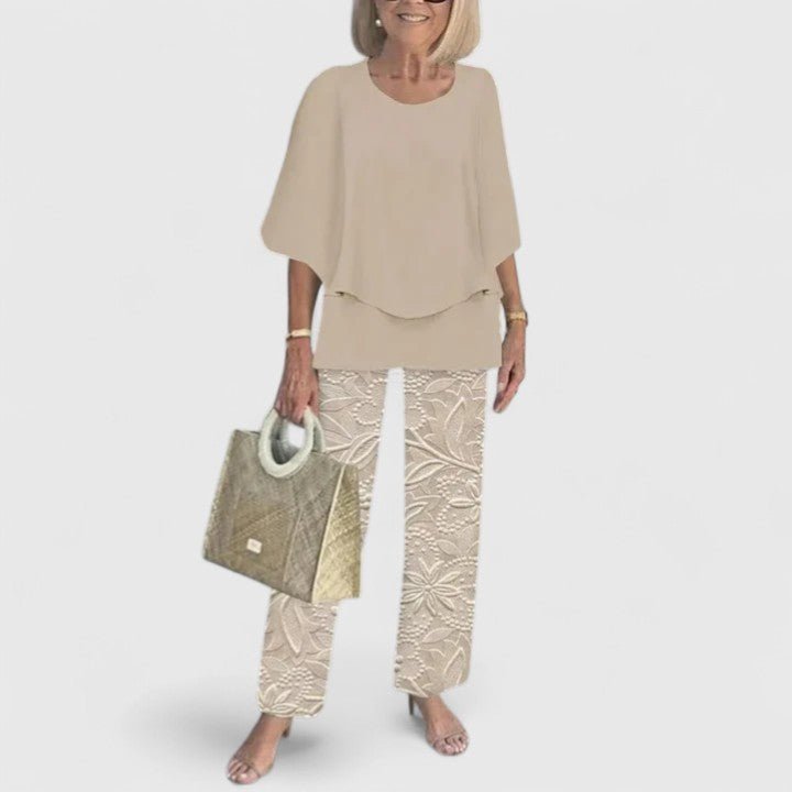 Women's Relaxed-Fit Batwing Top Wide-Leg Botanical Print Pants Set - Beige