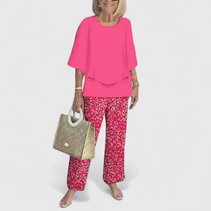 Women's Relaxed-Fit Batwing Top Wide-Leg Botanical Print Pants Set - Pink