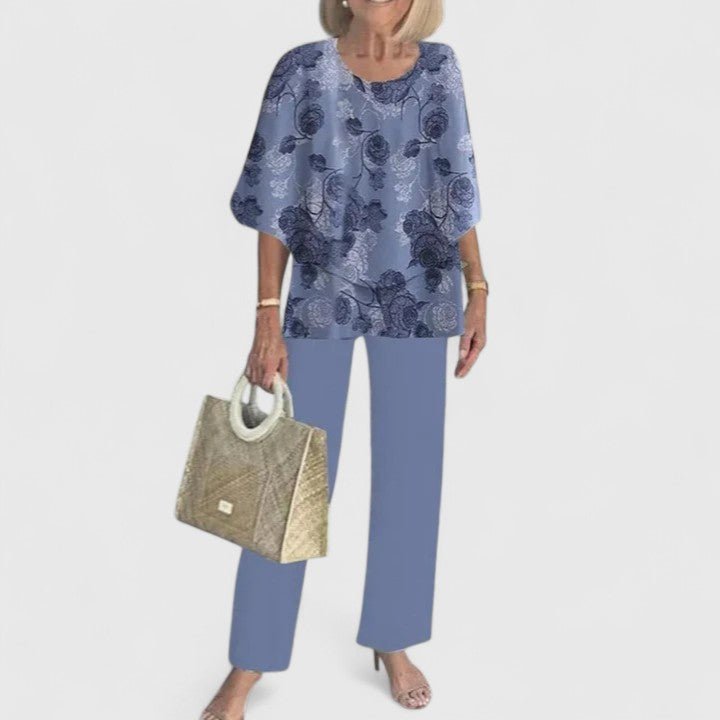 Women's Relaxed-Fit Batwing Top Wide-Leg Botanical Print Pants Set - Purple