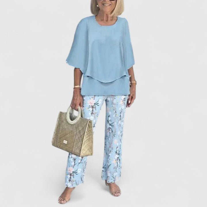 Women's Relaxed-Fit Batwing Top Wide-Leg Botanical Print Pants Set - Light Blue