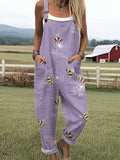 Women's Relaxed-Fit Bee Print Adjustable-Strap Jumpsuit - Purple
