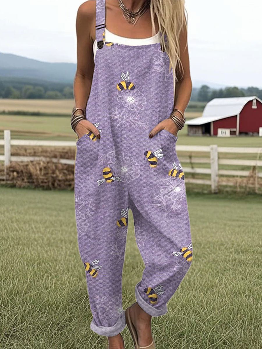 Women's Relaxed-Fit Bee Print Adjustable-Strap Jumpsuit - Purple