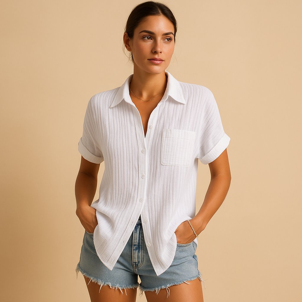 Women's Relaxed-Fit Cotton Gauze Short Sleeve Button-Up Shirt