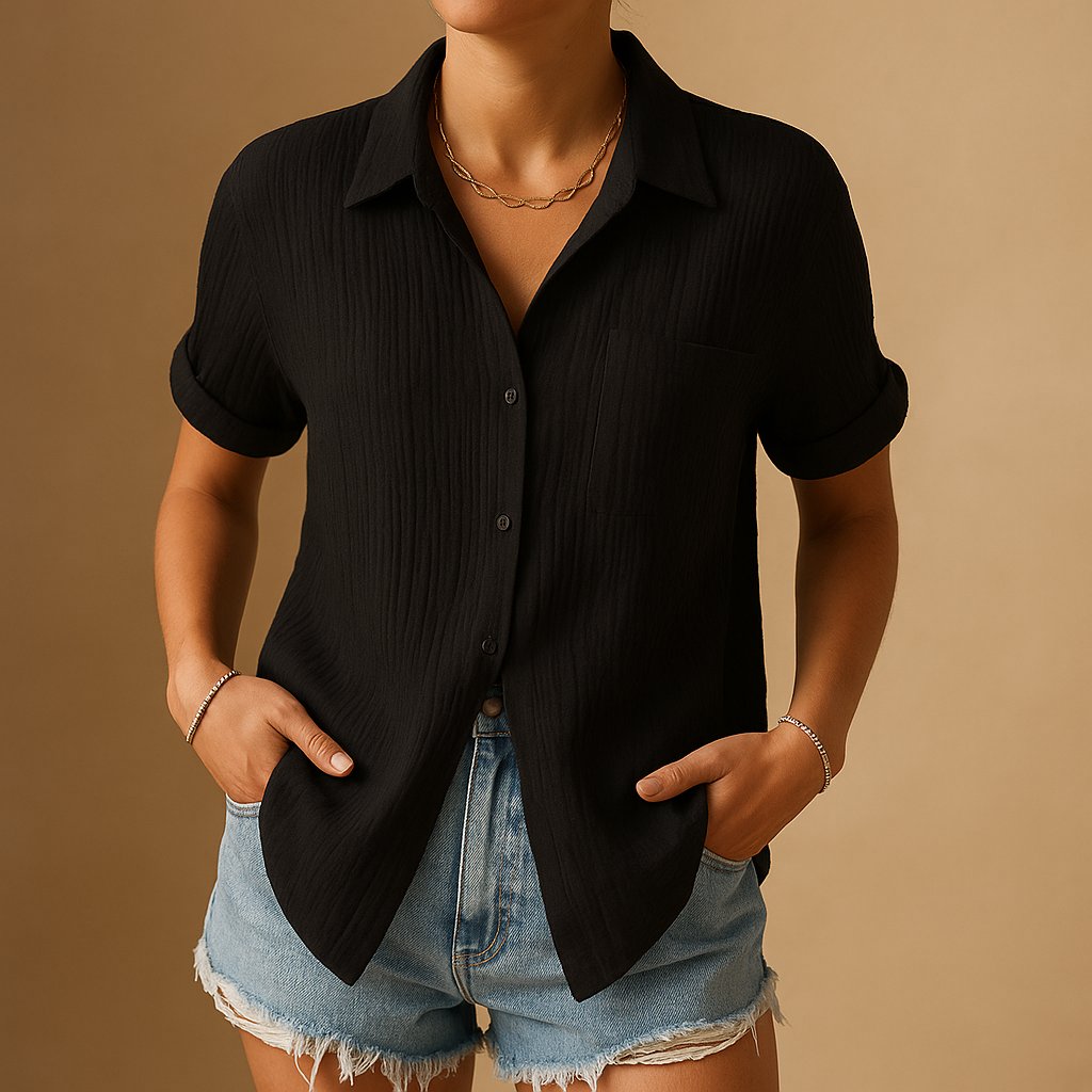 Women's Relaxed-Fit Cotton Gauze Short Sleeve Button-Up Shirt - Black