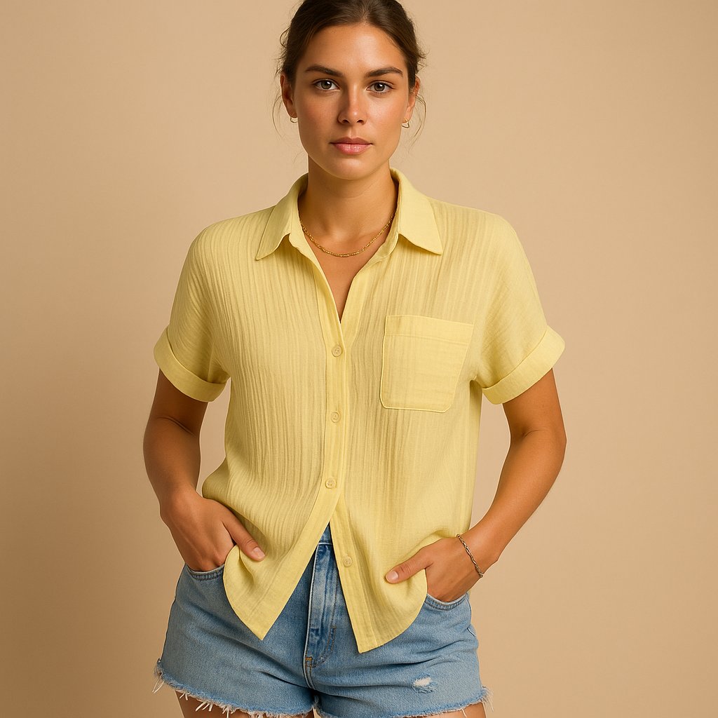 Women's Relaxed-Fit Cotton Gauze Short Sleeve Button-Up Shirt - Yellow