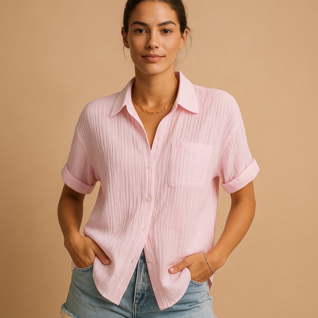 Women's Relaxed-Fit Cotton Gauze Short Sleeve Button-Up Shirt - Pink