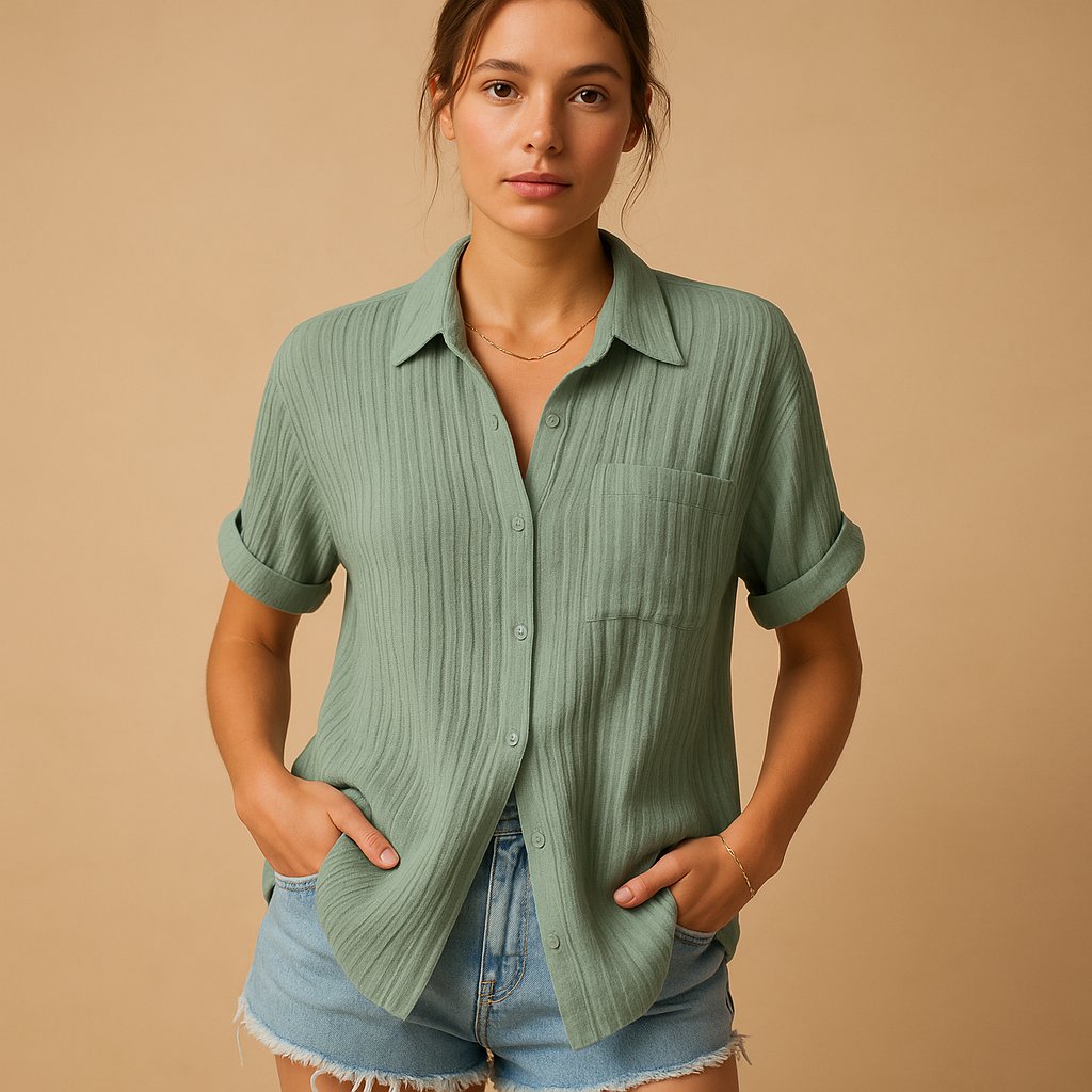 Women's Relaxed-Fit Cotton Gauze Short Sleeve Button-Up Shirt - Green