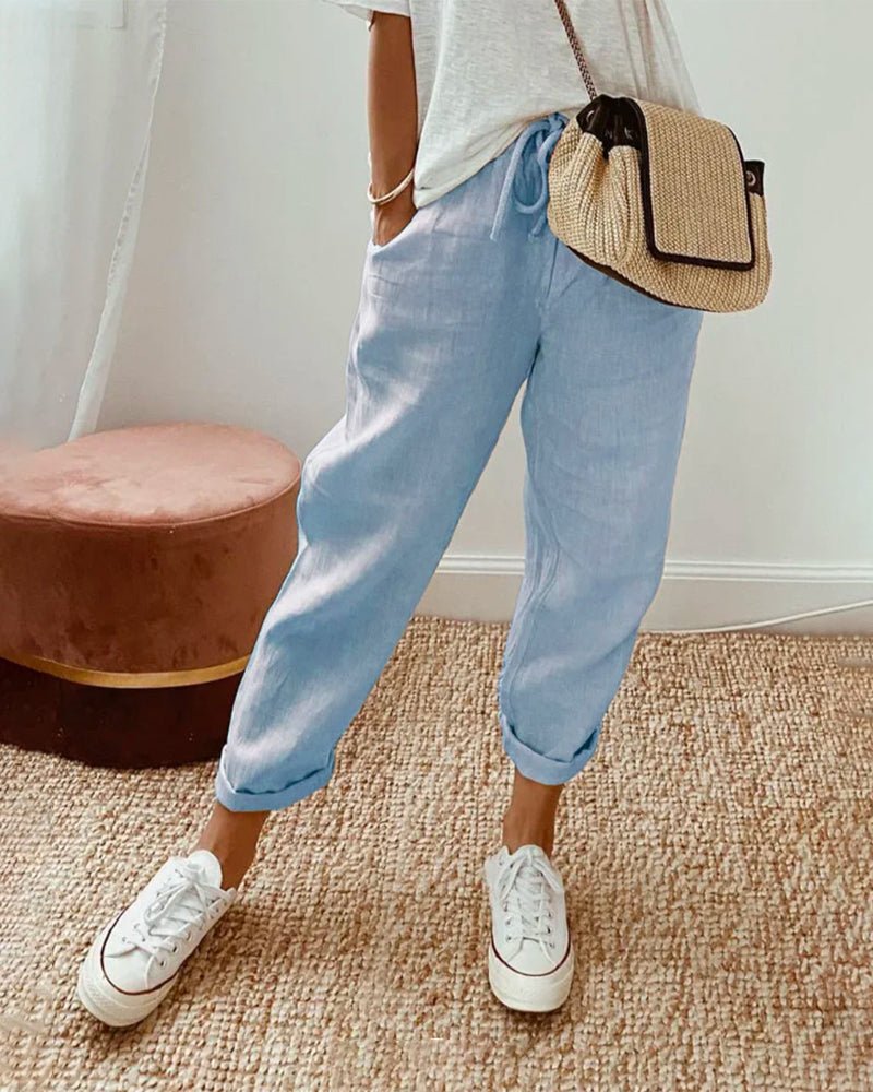 Women's Relaxed-Fit Drawstring Linen Cropped Pants - Blue