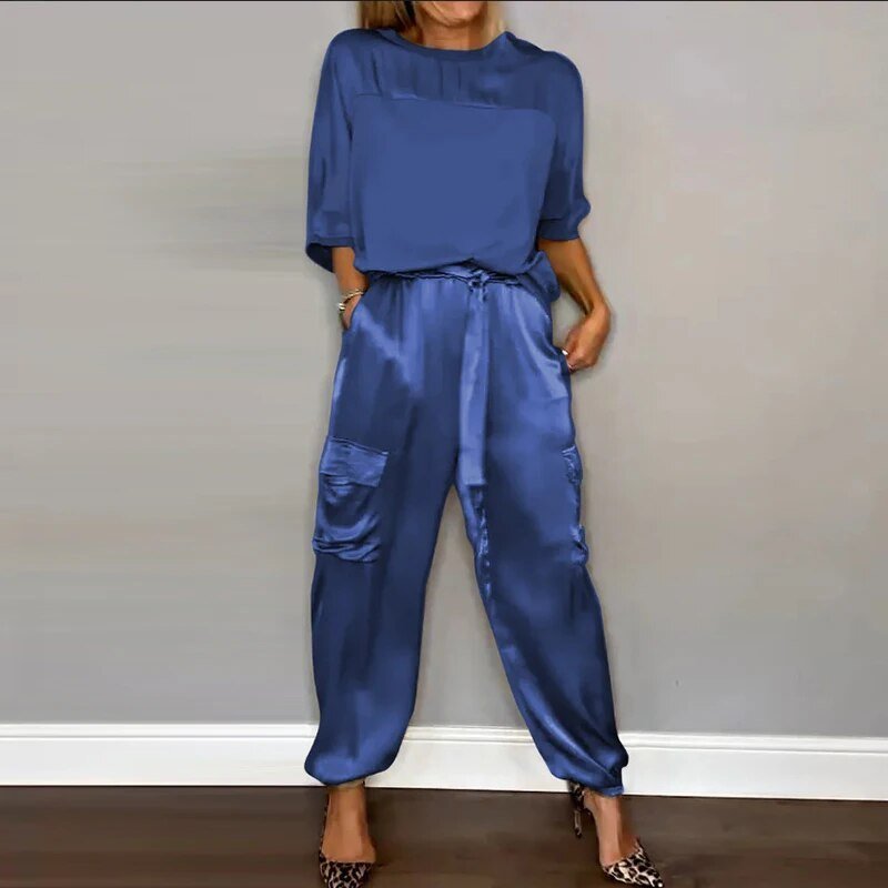Women's Relaxed-Fit Drawstring Two-Piece Lounge Set - Blue