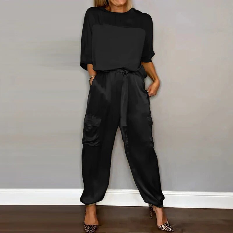 Women's Relaxed-Fit Drawstring Two-Piece Lounge Set - Black