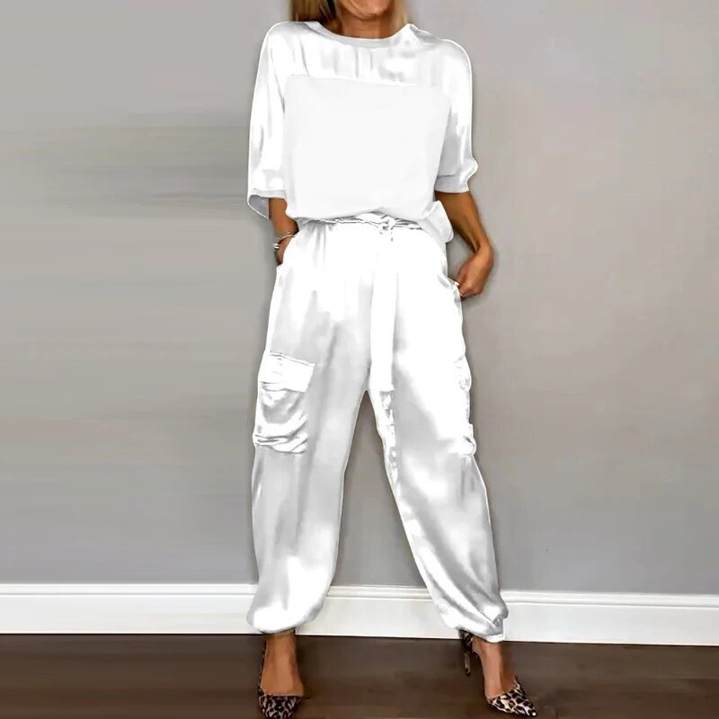 Women's Relaxed-Fit Drawstring Two-Piece Lounge Set - White