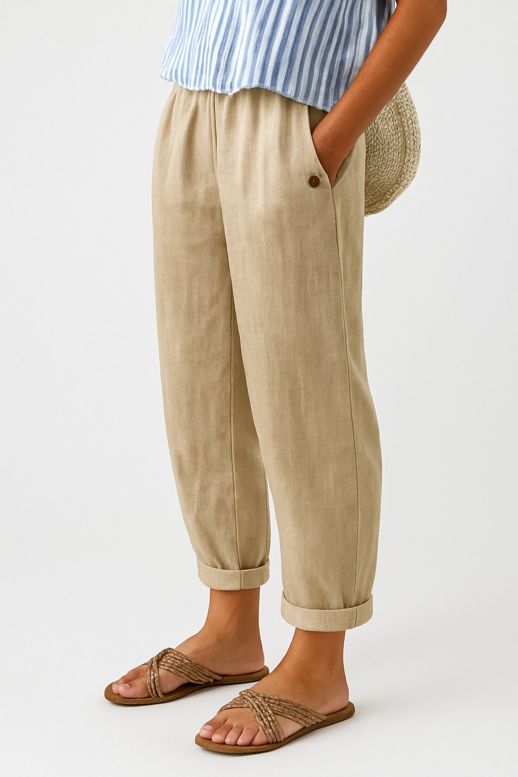 Women's Relaxed-Fit Elastic-Waist Side-Pocket Pants - Beige