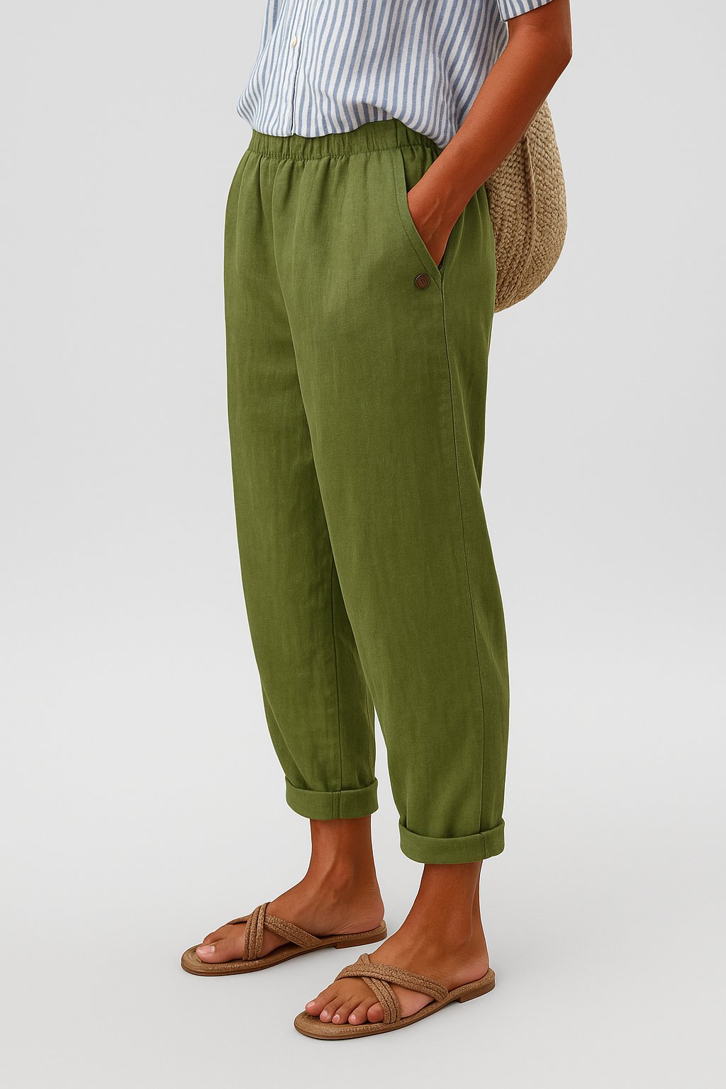 Women's Relaxed-Fit Elastic-Waist Side-Pocket Pants - Green