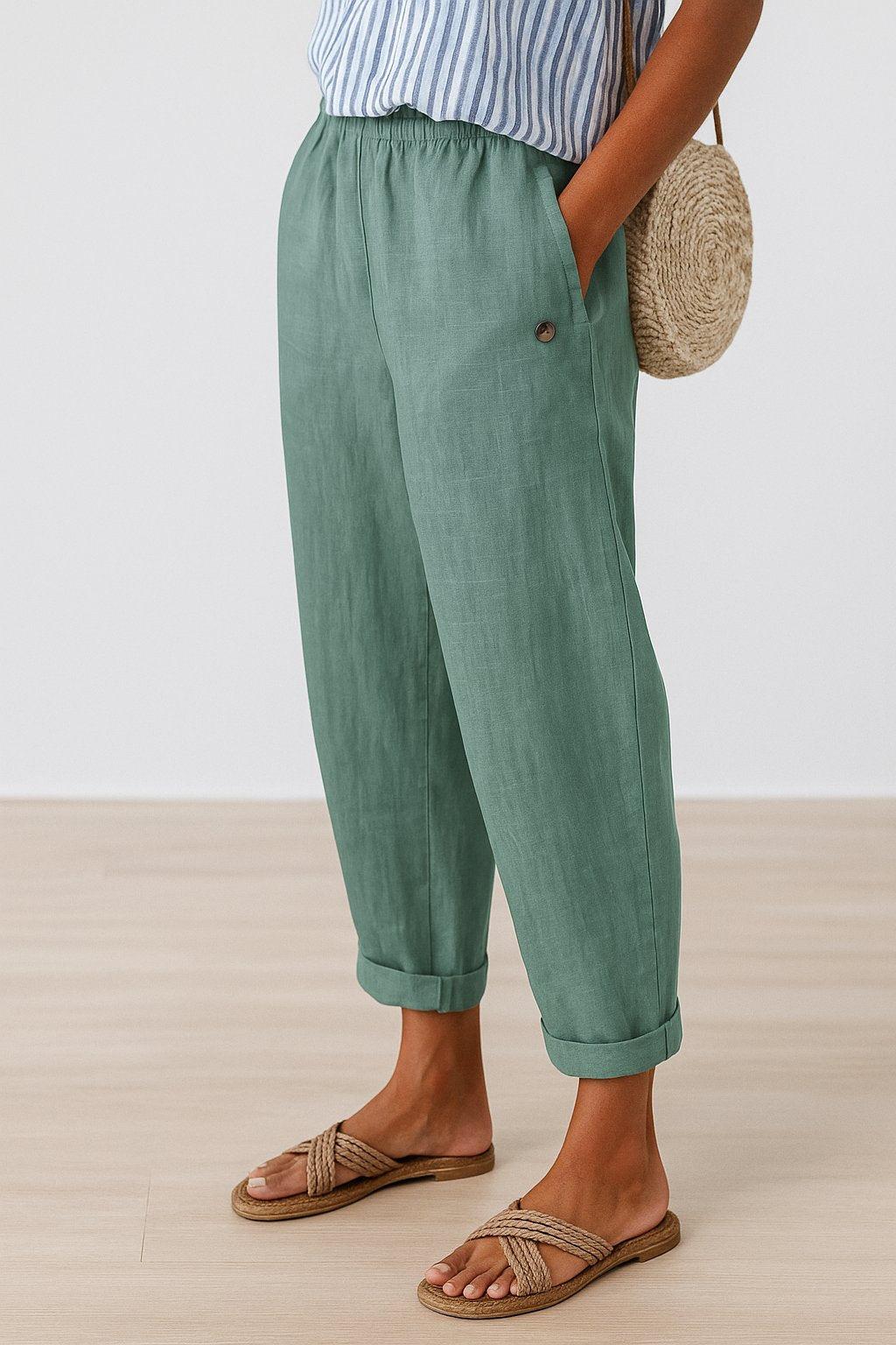 Women's Relaxed-Fit Elastic-Waist Side-Pocket Pants - Light Green