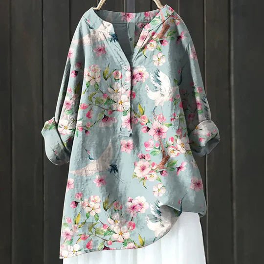 Women's Relaxed-Fit Floral Long-Sleeve Tunic Blouse - Light Blue