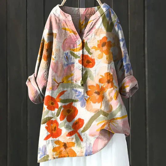 Women's Relaxed-Fit Floral Long-Sleeve Tunic Blouse - Orange