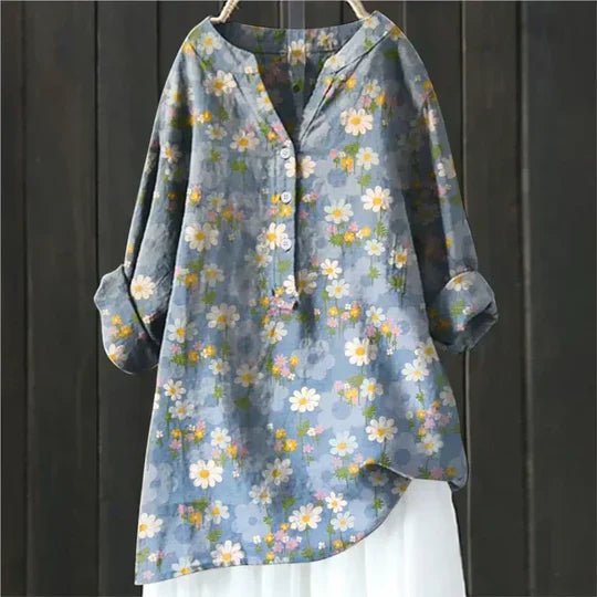 Women's Relaxed-Fit Floral Long-Sleeve Tunic Blouse - Blue