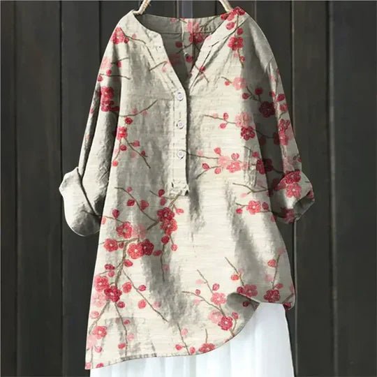 Women's Relaxed-Fit Floral Long-Sleeve Tunic Blouse - Red