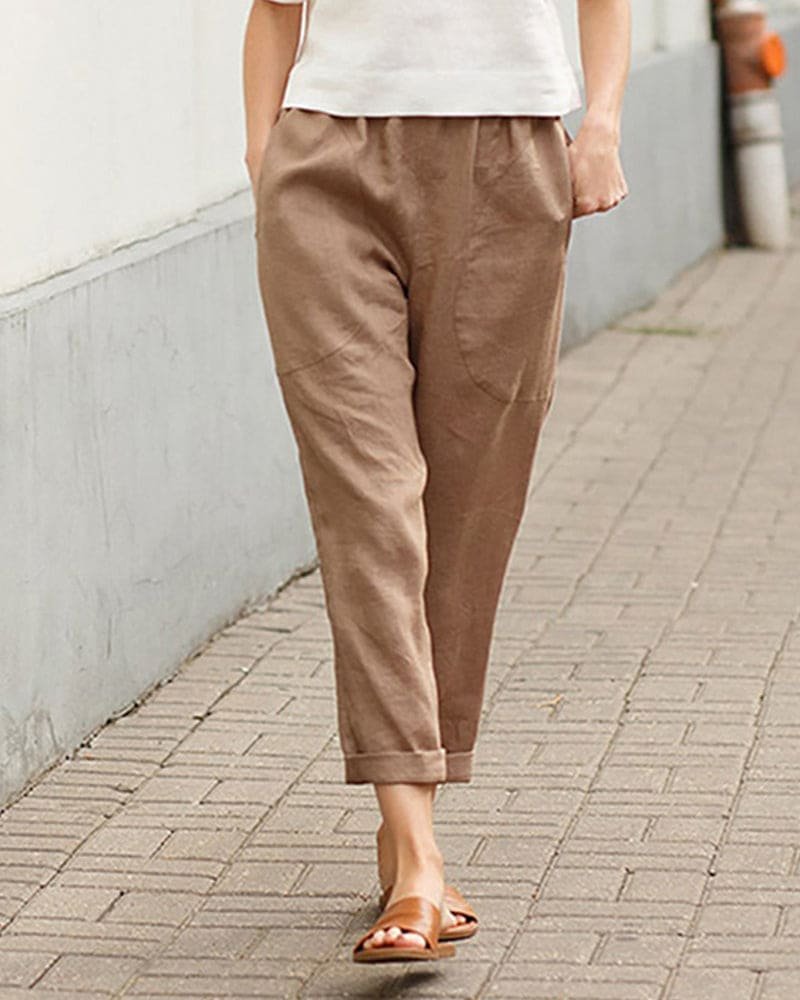 Women's Relaxed-Fit Linen Cotton Cropped Pants - Khaki