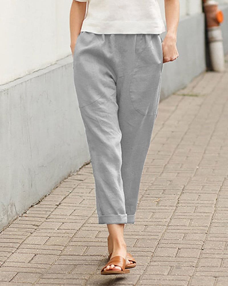 Women's Relaxed-Fit Linen Cotton Cropped Pants - Gray