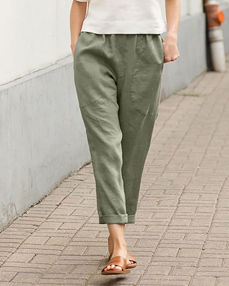 Women's Relaxed-Fit Linen Cotton Cropped Pants - Green