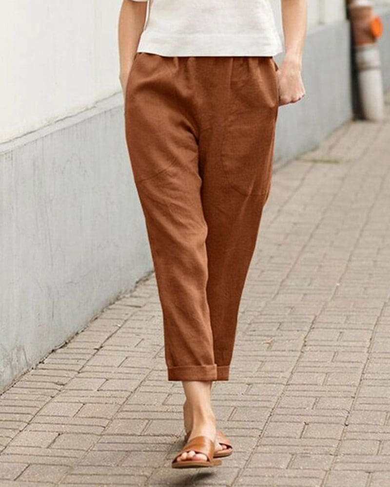 Women's Relaxed-Fit Linen Cotton Cropped Pants - Brown