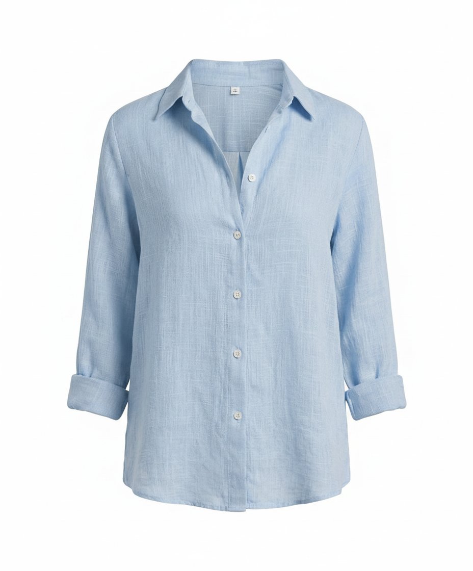 Women's Relaxed-Fit Linen Three-Quarter Sleeve Button-Up Shirt - Blue