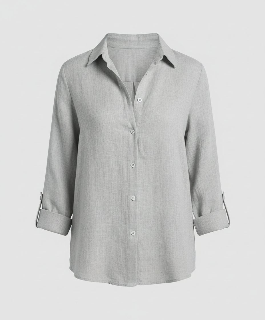 Women's Relaxed-Fit Linen Three-Quarter Sleeve Button-Up Shirt - Gray