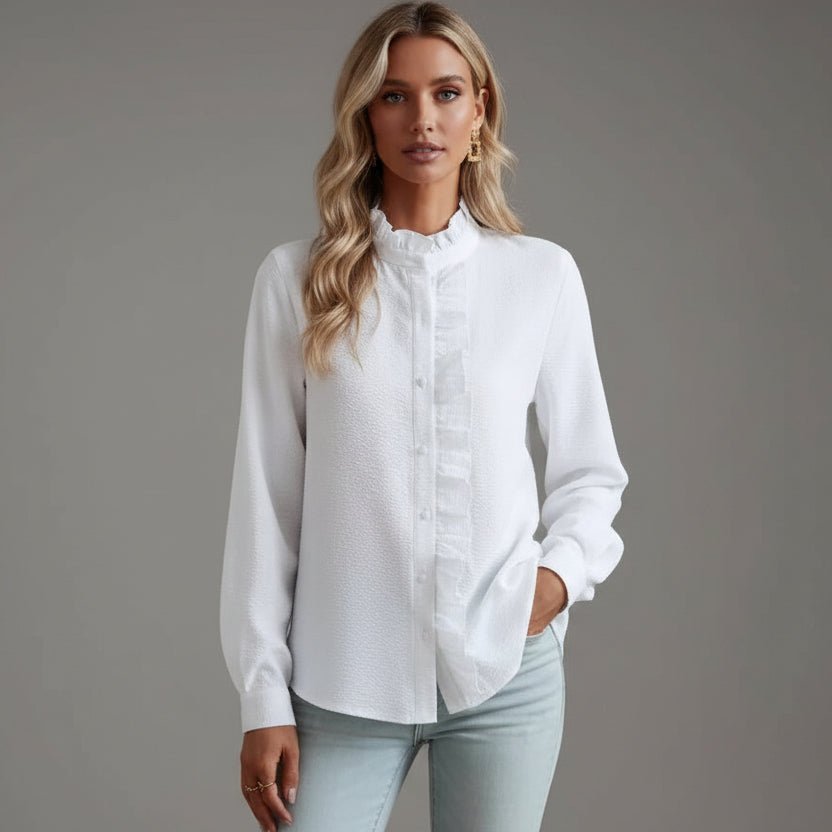 Women's Relaxed-Fit Long-Sleeve Ruffle-Collar Button-Front Blouse - White