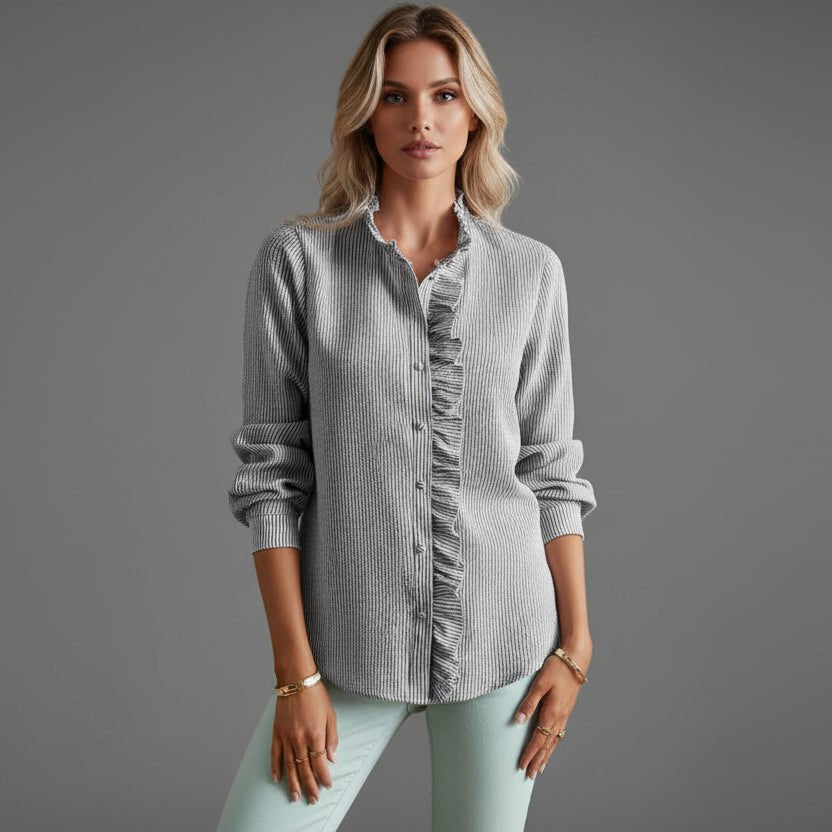 Women's Relaxed-Fit Long-Sleeve Ruffle-Collar Button-Front Blouse - Gray
