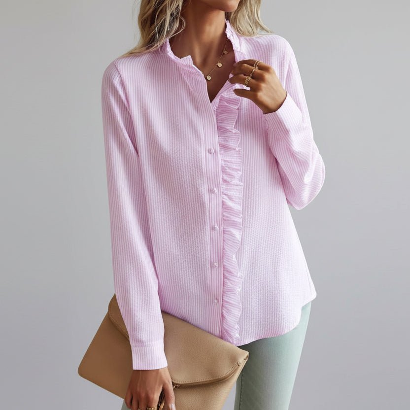Women's Relaxed-Fit Long-Sleeve Ruffle-Collar Button-Front Blouse - Pink