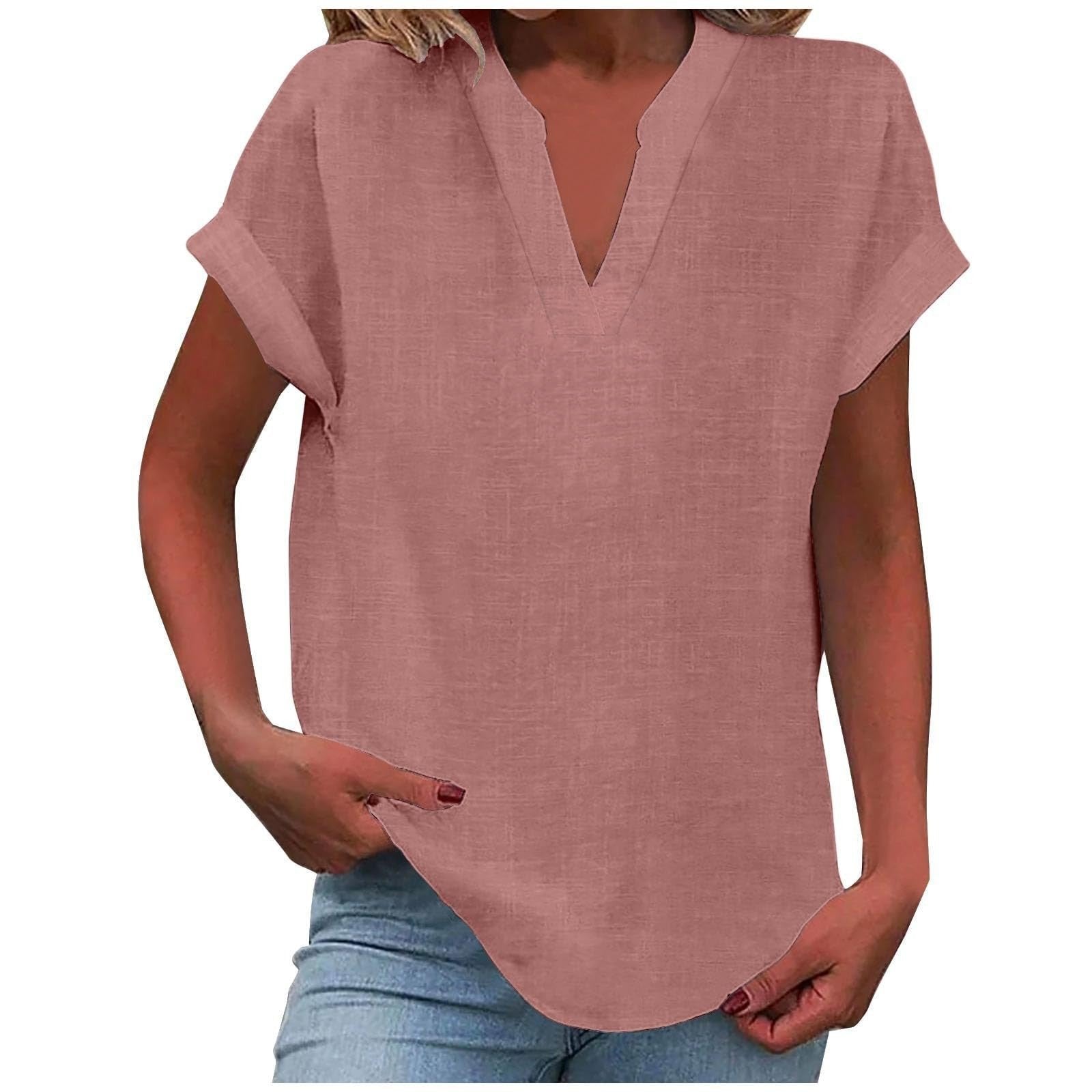 Women's Relaxed-Fit V-Neck Short-Sleeve Blouse - Pink