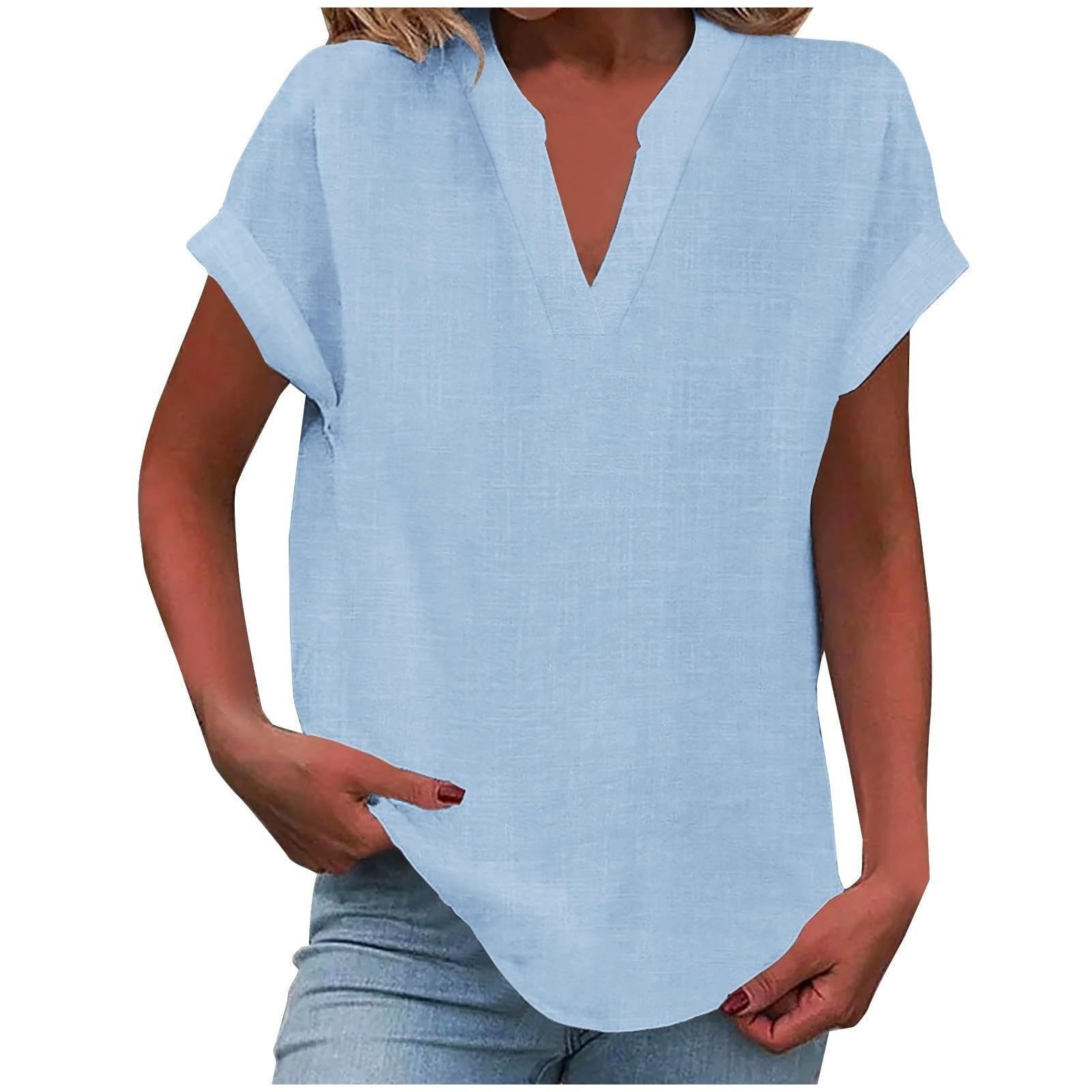 Women's Relaxed-Fit V-Neck Short-Sleeve Blouse - Sky Blue