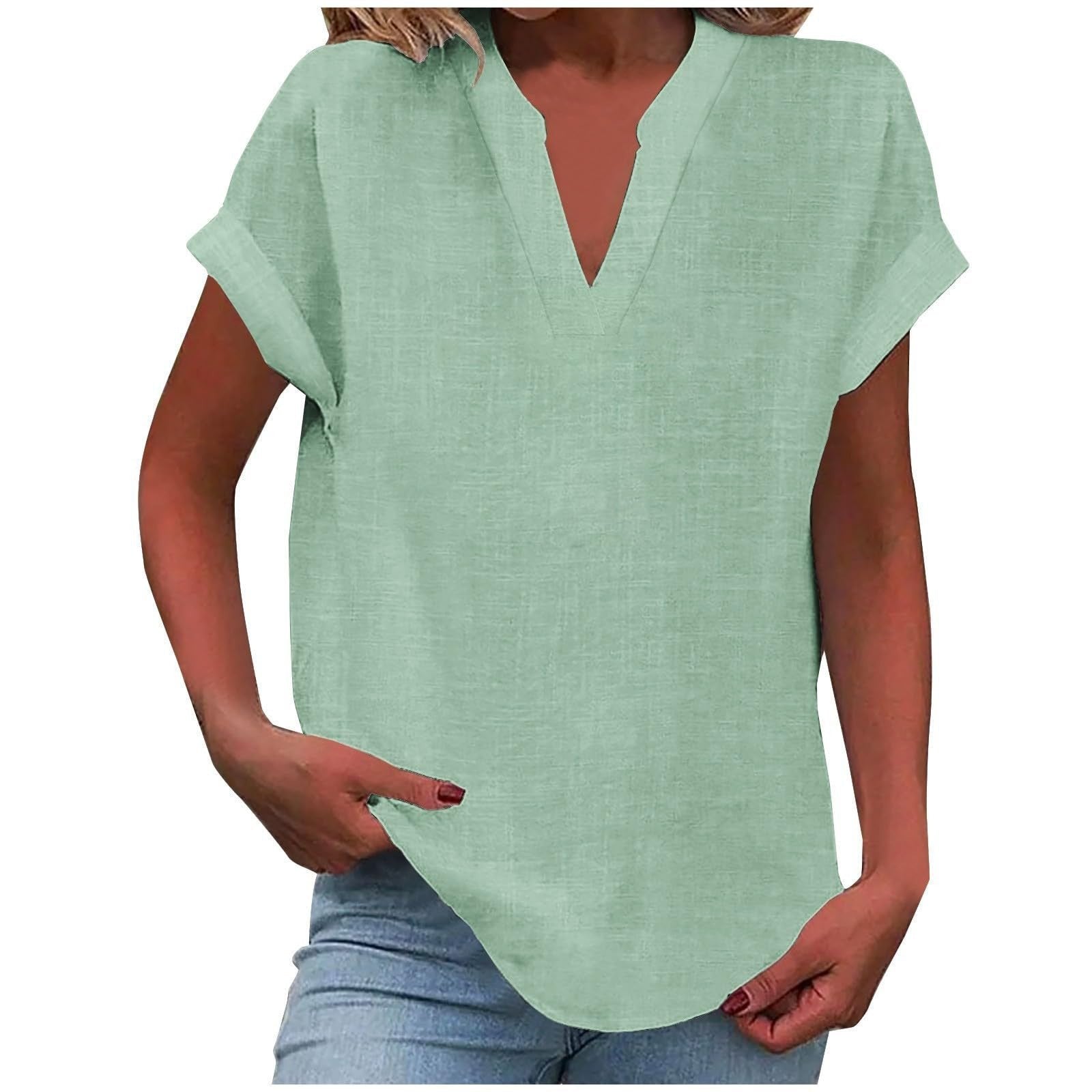 Women's Relaxed-Fit V-Neck Short-Sleeve Blouse - Light Green