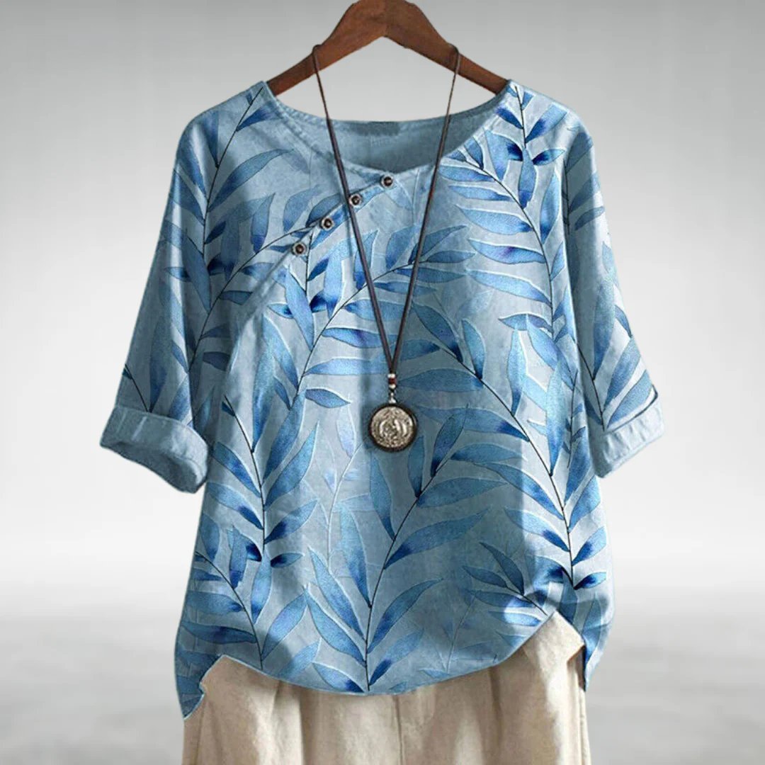 Women's Relaxed-Fit Watercolor Leaf Print Linen Top - Blue