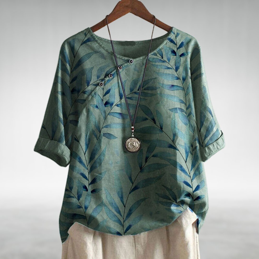 Women's Relaxed-Fit Watercolor Leaf Print Linen Top - Green