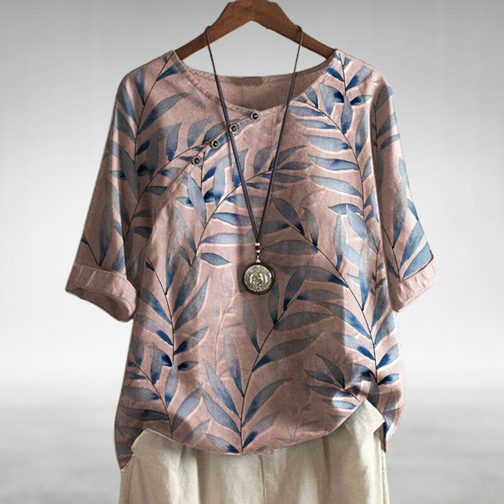Women's Relaxed-Fit Watercolor Leaf Print Linen Top - Pink