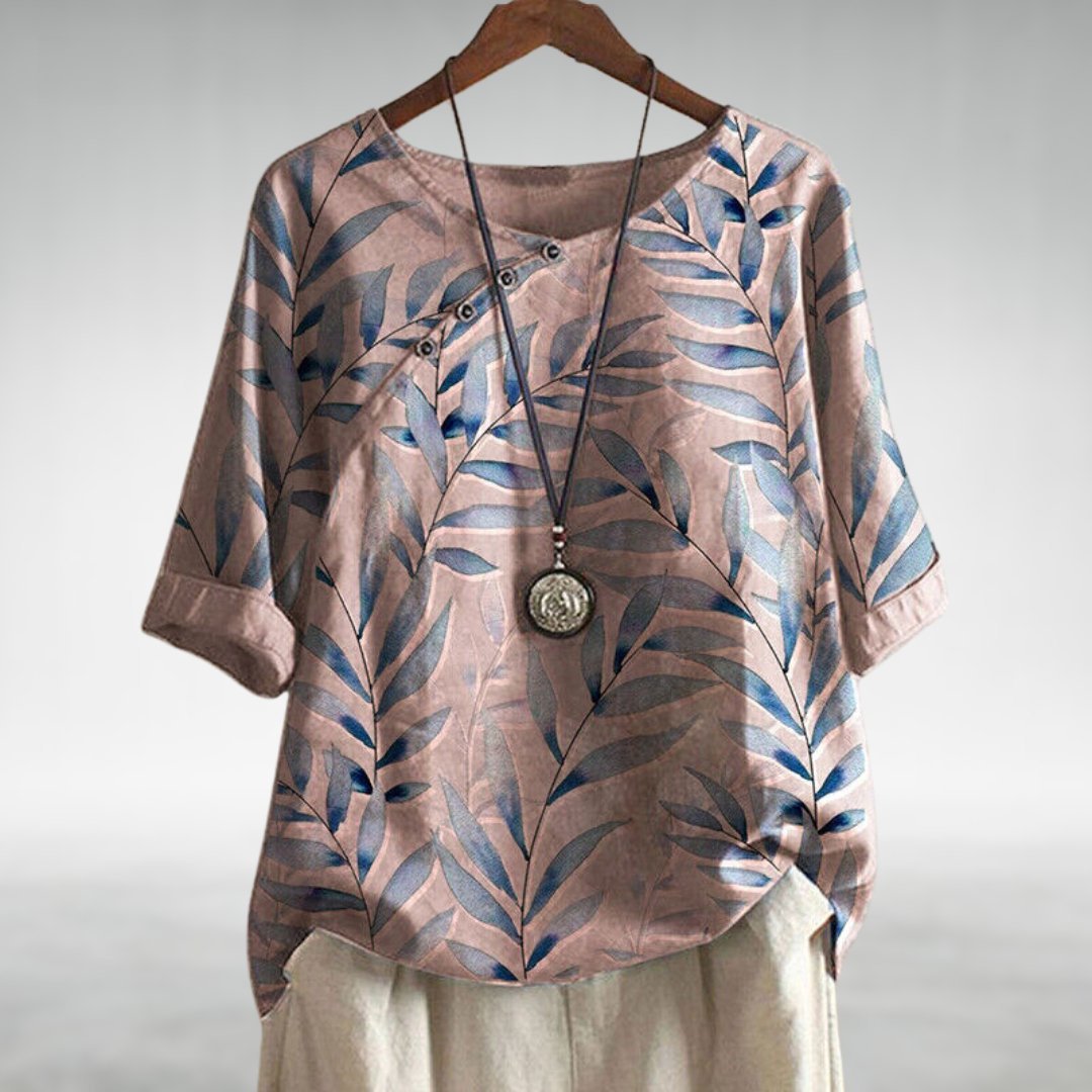 Women's Relaxed-Fit Watercolor Leaf Print Linen Top - Pink